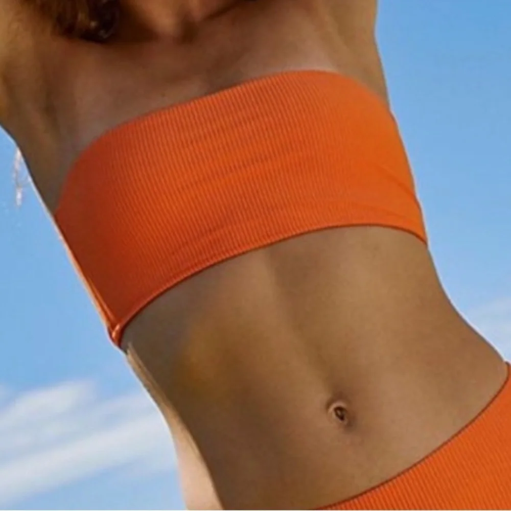 Frankies Bikinis Jenna Ribbed Bandeau Top Bright Orange Size XS